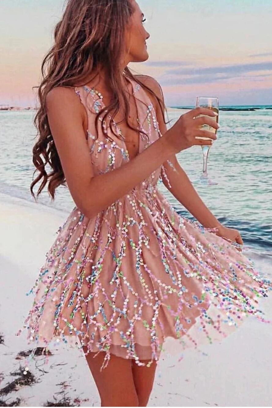 NWT Blush Tulle Dress with Multi-Color Sequin Accents A-line Deep V-neck XS